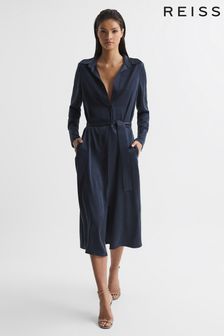 Темно-синий - Шелковое платье-рубашка Reiss Nico (U75603) | €530