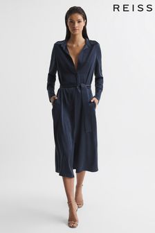 Reiss Navy Nico Silk Shirt Dress (U75603) | €530