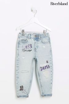 River Island Blue Mom Girls Denim Bubble Graffiti Jeans (U75676) | $51