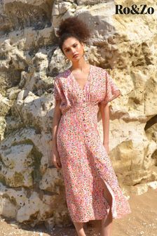 Ro&Zo Pink Flutter Sleeve Midi Dress (U75959) | $147