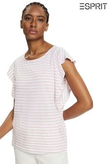 Esprit White Striped Short Flounce Sleeves T-Shirt (U75965) | €17.50