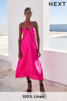 Pink 100% Linen Ruched Halter Midi Dress (U76654) | €15