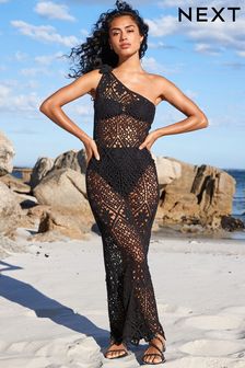Black Crochet One Shoulder Maxi Dress (U76660) | $67