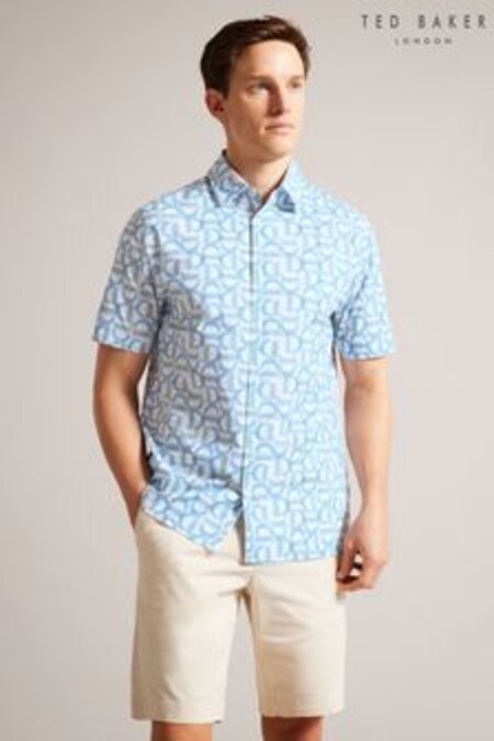 Ted Baker Blue Glais Short Sleeve Cotton Branded Geo Shirt (U76892) | $140