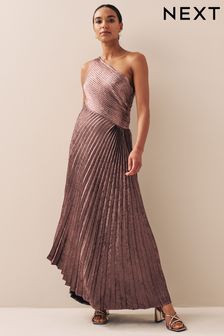 Pink One Shoulder Metallic Pleated Midi Dress (U76903) | BGN 218