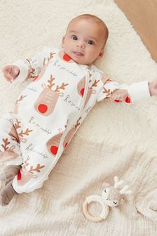  (U77063) | HK$66 - HK$83 Festive乳白色鹿 - 嬰兒聖誕節單拉鍊連身睡衣 (0-3歲)