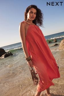 Orange High Neck Linen Mix Summer Dress (U77274) | €13