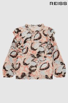 Reiss Blue Print Angelica Junior Printed Ruffle Blouse (U77390) | KRW130,500