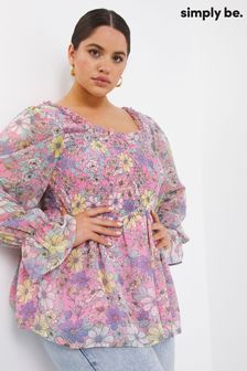 Simply Be Pink Floral Shirred Square Neck Peplum Top (U78349) | ₪ 163
