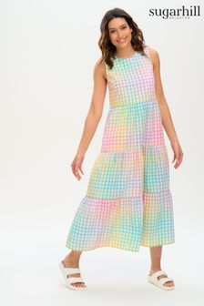 Sugarhill Brighton White Rainbow Gingham Clover Maxi Smock Dress (U78654) | ₪ 349