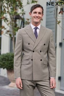 Taupe Brown Double Breasted Wool Blend Check Suit Jacket (U79047) | €40