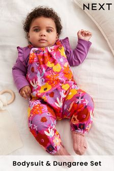 Purpuriu floral - Jersey Printed Baby 2 Piece Dungarees And Bodysuit Set (0 luni - 3 ani) (U79249) | 132 LEI - 149 LEI
