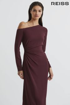 Reiss Burgundy Nadia Off-Shoulder Drape Midi Dress (U79582) | $376