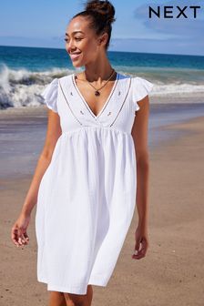 White Seersucker Beach Cover-Up Dress (U80243) | 87 zł