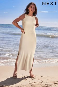 Светло-бежевый - Трикотажное летнее платье миди в рубчик (U80246) | €15