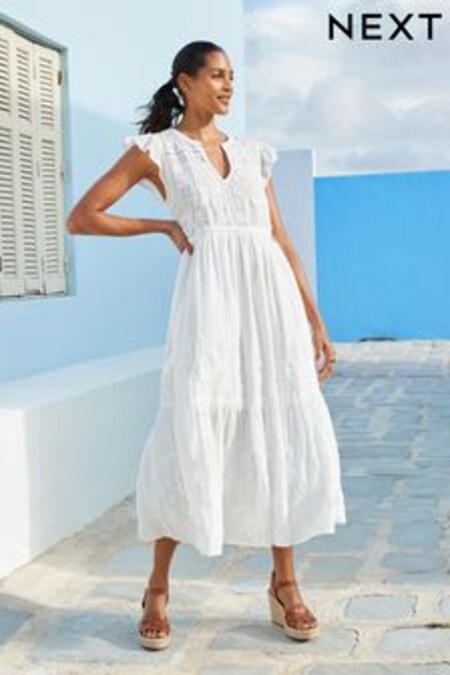 White Embroidered Cotton V-Neck Tiered Midi Summer Dress (U80265) | $121