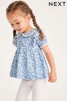 Blau/Weiß mit Blumendruck - Bluse mit Rüschenkragen (3 Monate bis 7 Jahre) (U80826) | 9 € - 11 €