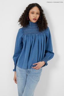 French Connection Blue Zaves Chambray High Neck Denim Long Sleeve Shirt (U80949) | €34