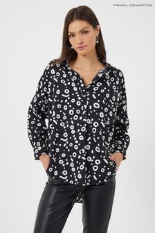 French Connection Oversized Crepe Light Doe Print Popover Black Shirt (U80966) | 37 €