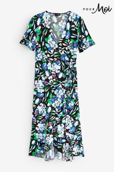 Pour Moi Black & White Print Megan Fuller Bust Slinky Jersey Frill Detail Midi Wrap Dress (U81201) | AED272