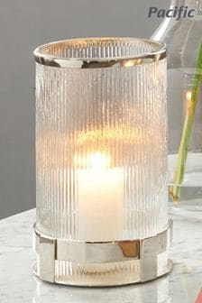 Pacific Silver Tall Metal And Textured Glass Hurricane Candle Holder (U81548) | €102