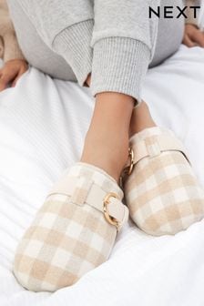 Oatmeal Check Mule Slippers With Buckle (U81747) | R434