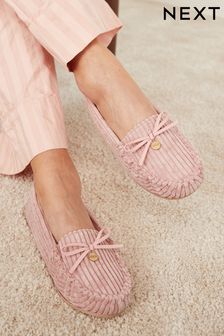 Pink Corduroy Faux Fur Lined Moccasin Slippers (U81798) | KRW35,800