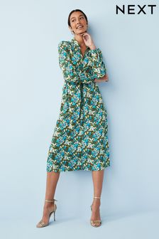 Green Floral Zip Neck Tie Waist Midi Dress (U82128) | $64