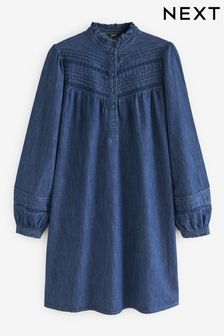 Dark Blue Long Sleeve Broderie Denim Dress (U83617) | $88