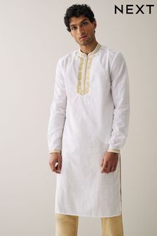 White Long Length Embroidered Mens Cotton Kurta (U83994) | KRW73,700