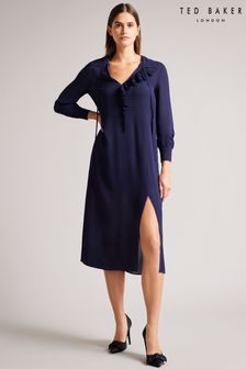 Синее платье миди с ассиметричной оборкой Ted Baker (U84007) | €122