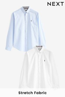 2 Pack White/Blue Regular Fit Next Long Sleeve Stretch Oxford Shirt (U84077) | 20 BD