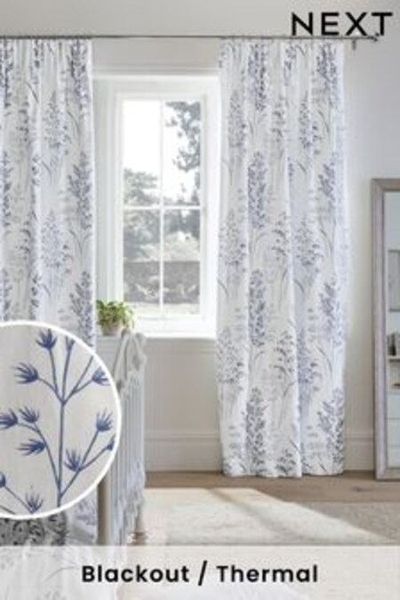 White/Blue Floral Cotton Pencil Pleat Blackout/Thermal Curtains (U84170) | CHF 62 - CHF 136