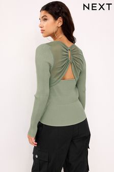 Sage Green Mesh Detail Ribbed Knitted Top (U84681) | AED74
