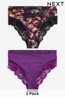 Floral Print/Purple High Rise Lace Trim Knickers 2 Pack (U84799) | R334