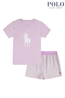 פיג'מה עם מכנסיים קצרים וחולצת טי עם לוגו פוני בצבע ורוד ולבן של Polo Ralph Lauren