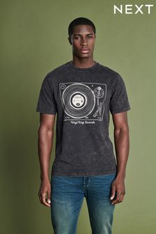 Charcoal Grey Acid Wash Vinyl Regular Fit Print T-Shirt (U85978) | €23
