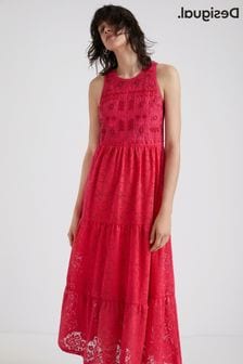 Desigual Red Mina Tiered Midi Dress With Lace Detail (U86749) | ₪ 740
