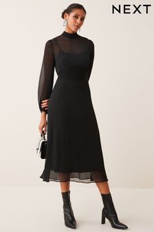 Black Long Sleeve High Neck Sheer Layer Midi Dress (U87295) | $91