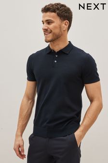 Navy Blue Short Sleeved Knitted Polo (U87457) | 8 BD