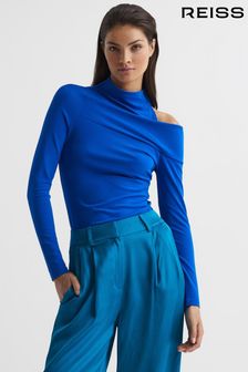 Reiss Blue Amy High Neck Cut Out Shoulder Top (U87549) | ₪ 714