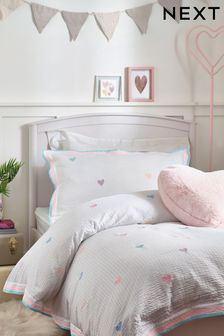 White White with Pastel Embroidered Hearts Duvet Cover and Pillowcase (U87816) | 16 BD - 20 BD