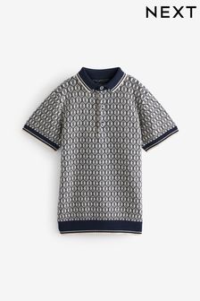 Navy/White Knitted Geo Pattern Short Sleeve Polo Shirt (3-16yrs) (U88595) | €14 - €18