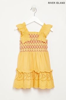 River Island Gesmoktes Kleid mit Rüschen und Ziernaht, Orange (U88644) | 34 €