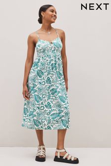 White/Blue Shirred Strappy Printed Dress (U88812) | 92 zł