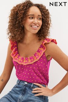 Pink/Orange Sleeveless Embroidered Ruffle Top (U88863) | 69 zł