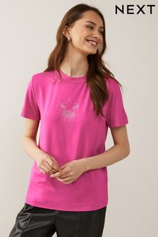 Pink Embellished Star Crew Neck Short Sleeve T-Shirt (U88870) | 47 zł