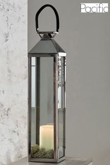Pacific Silver/White Shiny Nickel Stainless Steel Large Glass Square Lantern (U88894) | €272