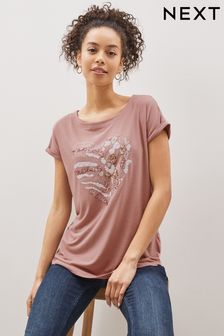 Pink Embellished Heart - Kurzärmliges T-Shirt mit Rundhalsausschnitt (U89084) | 28 €
