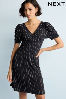 Black/White Dash Ruched V-Neck Short Sleeve Midi Tea Dress (U89085) | €16